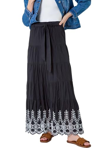 Roman Originals Cotton Broderie Tiered Maxi Skirt for Women UK - Ladies Everyday Holiday Spring Summer Comfy Soft Evening Vacation Work Party - Black - Size 16