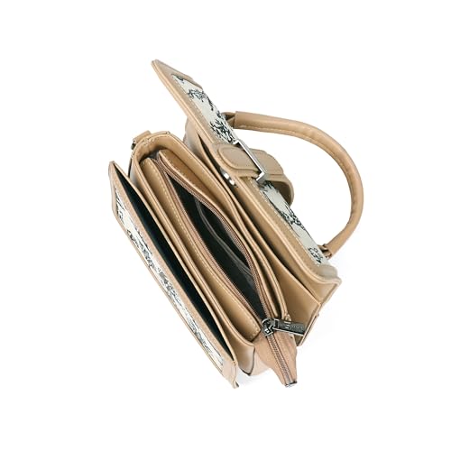 Image of EXOTIC Rosetta Structured Sling Bag for Women | Printed Panel Handbag with Top Handle & Detachable Crossbody Strap | Multi-Compartment Satchel Purse