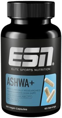 ESN Ashwa +, estratto di radice di Ashwagandha brevettato KSM-66®, 120 capsule, bacca indiana del sonno, con magnesio, vitamina B6 e zinco, vegano - prodotto in Germania
