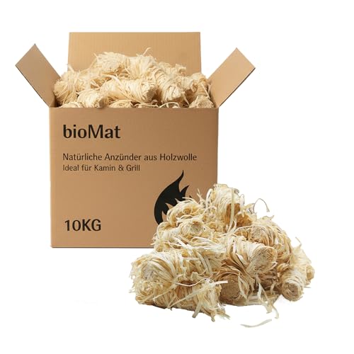 bioMat Allume-Feu Naturels, 10 kg, en Laine de Bois, Imbibés de Cire, Écologiques, Durée de Combustion 10 Minutes