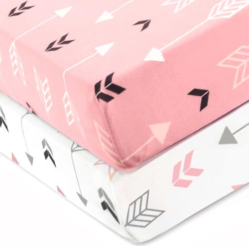 Image of Stretchy Fitted Pack n Play Playard Sheet Set BROLEX 2 Pack Portable Mini Crib Sheets,Convertible Playard Mattress Cover,Ultra Soft Material,Pink White Arrow
