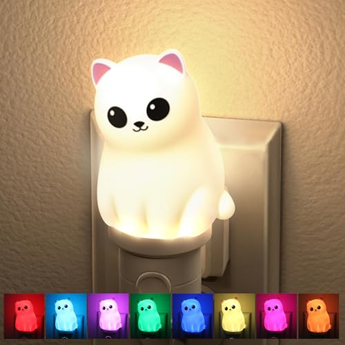 KINDEEP Kids Night Light Plug in: Cute 3D Cat Nightlight with Dusk to Dawn Sensor, RGB & Soft White 3000K, Toddler Night Light Plug into Wall for Room Decor 1 Pack (White Persian Cat)