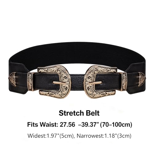 Image of Dubulle Womens Belt Chain Leather Belts Vintage Western Adjustable Elastic Double Buckle for Cowboy Pant Dress