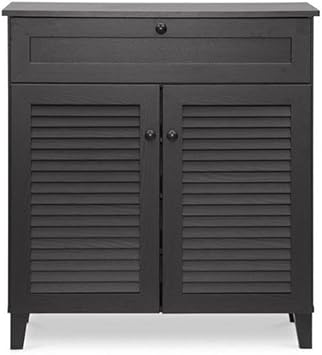 Allora Contemporary 4-Shelf Shoe Storage Cabinet, Espresso Finish, Engineered Wood Frame, Slatted Doors, Solid Wood Handles, Top Drawer, 33.38"H x 30.75"W x 14.63"D, Compact Organizer for Entryway or
