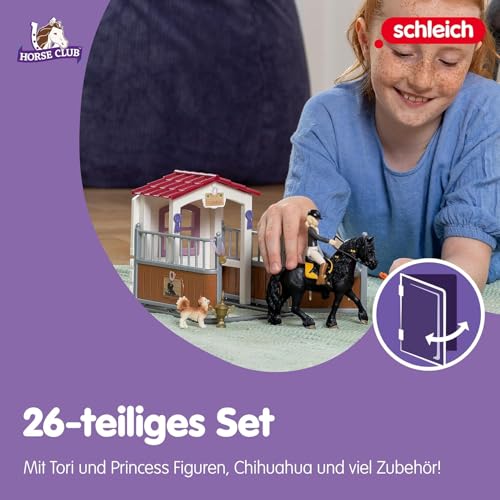 SCHLEICH Horse Club | Pferdebox mit Tori & Princess 42437 | Set inkl. Stall, bewegliche Mädchenfigur, Pferd, Hund, Zaun & Accessoires | Pferde Spielzeug für Mädchen & Jungen ab 5 Jahren | 26 Teile
