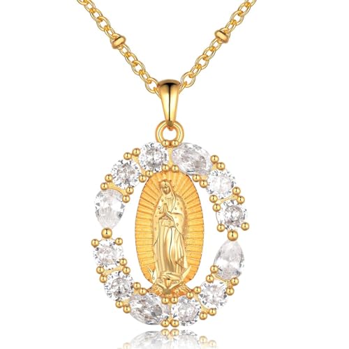 Joliernelle Nostra Signora di Guadalupe Gold Collana con ciondolo per donna Vergine Maria Gioielli, Metallo non prezioso, Zircone