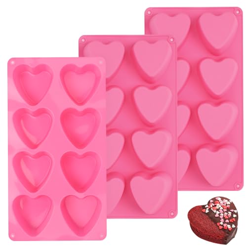 3 PCS Heart Molds Silicone 8 Cavities Heart Shaped Cupcake Pan for Baking Food Grade Muffin Pan Easy Clean Candles Epoxy Resin Valentine Craft for Making Chocolate, Candy, Soap and Jelly (Pink)