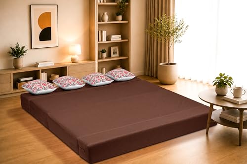 Image of Four Seater Sofa Cum Bed Jute Fabric 6 X 6 Ft| Space Saving Foldable Sofa Bed for Living Room & Guest Room | Comfortable Multi-Functional Furniture - Brown