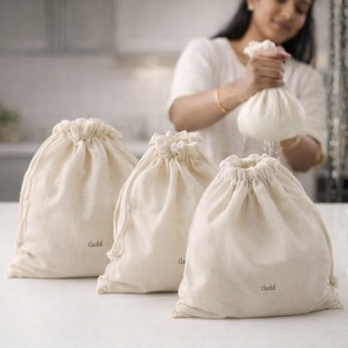 Image of Clazkit Muslin Cheese Cloth Bag - Reusable Straining & Filtering Cloth for Paneer, Juice, Nut Milk & Ice Cream, Size - 10 x 12Inches - Pack of 3