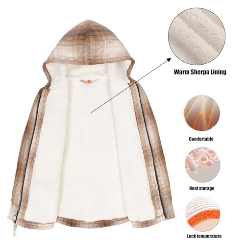 Image of ThCreasa Boys Plaid Flannel Jackets Sherpa Lined Zip Up Long Sleeve Warm Flannel Shirt with Hood