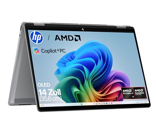 HP OmniBook X Flip 2in1 Next Gen AI Laptop| AMD Ryzen AI 7 350 (8C) | dedizierte NPU für KI | 50 NPU Tops | Copilot+ PC | 14 3K 2880x1800 OLED-Touchscreen | 16GB | 1TB SSD | Win11 | QWERTZ | Silber