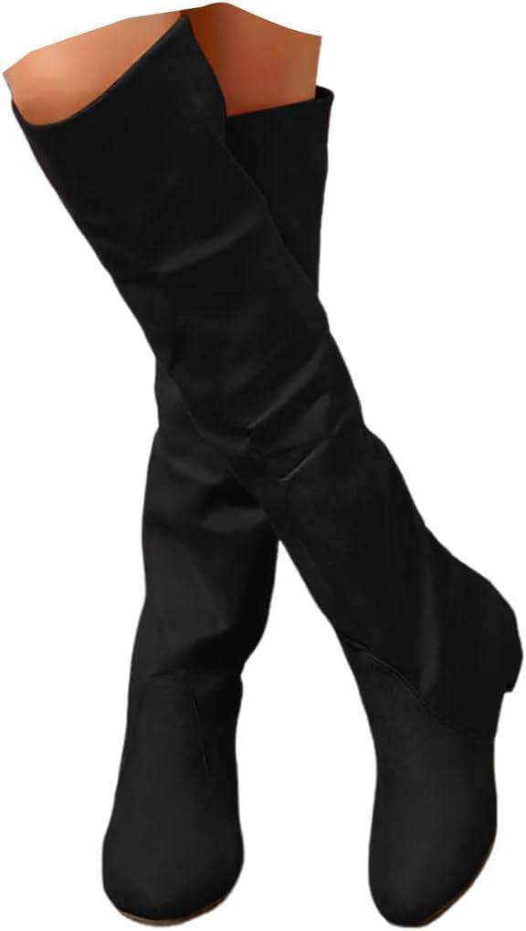 Women Knee High Boots Wide Calf Slouchy Low Heel Mid Calf Boots Round Toe Tall Calf Riding Combat