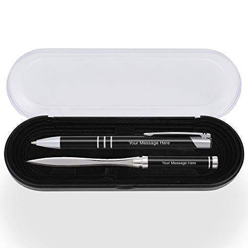 Imprints Online 10 Custom Laser-Engraved Ballpoint Pen & Letter Slitter Gift Sets. Includes Case. Black Product Color with Silver Accents. Black Ink
