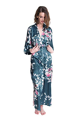 Old Shanghai Women's Kimono Long Robe - Peacock & Blossoms - Lapis Blue (on-Seam Pocket)
