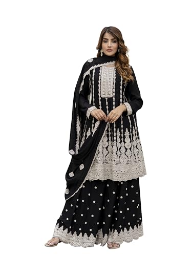 Image of TRENDMALLS Women's Art Silk Embroidery Sequence Work Kurta Palazzo Set with Dupatta Salwar Suit Set For Women