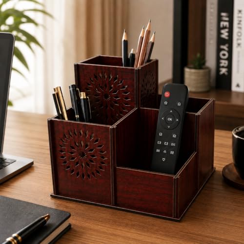 Image of Zesta Wooden Desk Organizer Pen Stand Remote Holder Card Slot | Table Accessory Office Desk Study Room | Pencil Storage Stand Stylish Workspace Decor (Rosewood, 4 Compartment Organiser)