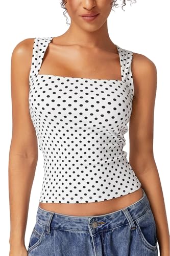 QINSEN Womens Tank Top Sleeveless Square Neck Casual Basic Fitted T- Shirts Black Polka Dots M
