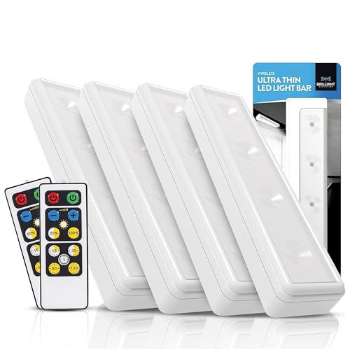 brilliant evolution 0.6" ultra-thin wireless under cabinet lights - 4 pack, battery-operated led fixtures with 2 remotes 3000k warm white stick-on lighting, timer included for kitchen and counter