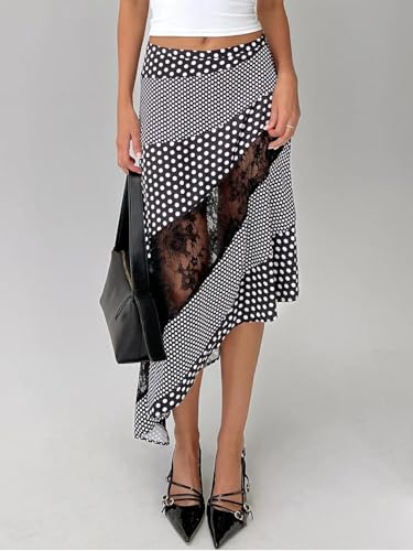 Women Y2k Boho Maxi Skirts Irregular Hem Lace Patchwork Midi Skirt Polka Dot Print Long Skirt Streetwear2