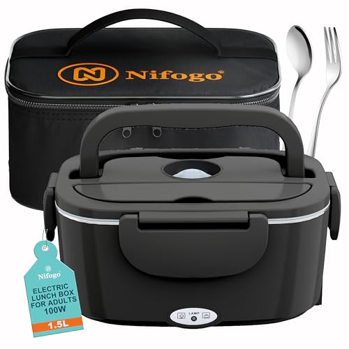 Nifogo Fiambrera eléctrica para adultos, 1,5 l, SS 80W, calefacción más rápida, contenedor doble, 12/24/110 V, fiambrera eléctrica portátil para el trabajo, coche, camión con