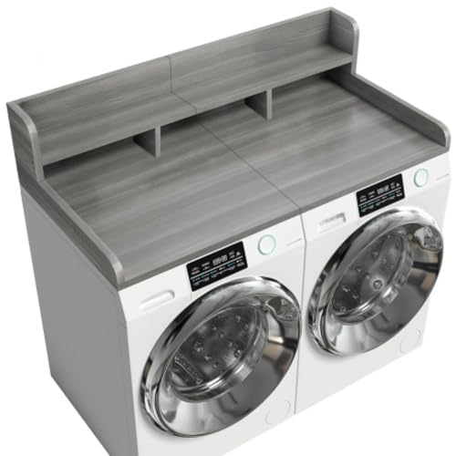 CuisinSmart Washer Dryer Countertop with 2-Tier Shelf, Wood Laundry Countertop Over Washer and Dryer with Edge, 54" Width x 27.5" Depth Laundry Hamper Table Top Storage Organization Gray stripe