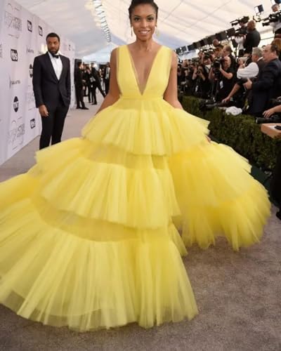 Tiered Tulle Prom Dress Long Ball Gown Double V Neck A Line Ruffle Formal Dresses Prom Gowns for Women3