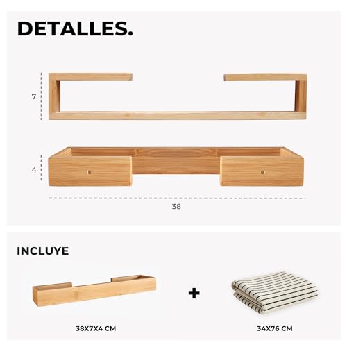 danhol® Toallero Adhesivo Baño | Set de Toallero Bambu + Toalla Algodón | Toallero sin Taladro | Toallero Madera 38 cm - imagen 2