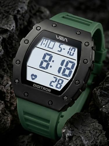 Image of V2A Digitron 2118 Tonneau Sports Watch for Men & Boys | Rugged Design | Big Dial | Alarm, Stopwatch, 12 /24H | 3 ATM Water Resistant | Luminous Display | Sports, Fitness, Outdoor & Training | Gifts for Men & Boy (DarkGreen-White)
