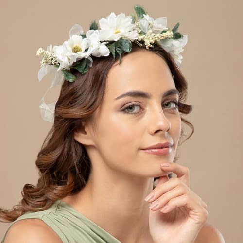 Image of Radhu & Kabby White Daisy Floral Hair Tiara for Women | Artificial Flower Crown with Ribbon Tie | Elegant Headpiece for Weddings, Photoshoots, Festivals & Celebrations | Lightweight | 1 Pc