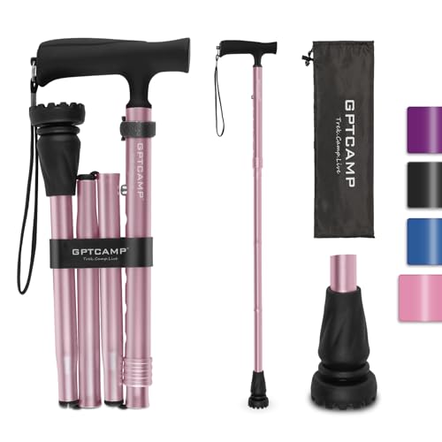 GPTCAMP G2 Walking Stick Fold-up Walking Cane for Women and Men with Wrist Strap Portable Foldable Collapsible Lightweight and Sturdy with Comfortable T Handle