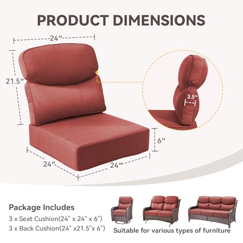 Image of Outdoor Cushion Set for Patio Furniture, UV Resistant, Water Resistant - 6 Inch Thick Dual Layer Back Support Cushions- 24x24 Inch Patio Seat Covers for Chair /Sofa /Couch | Red | 3-Pack |
