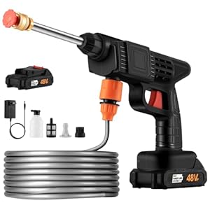 Cordless Pressure Washer Gun, 48V Car Cleaning Kit with 5m Hose, Dual 6000mAh Batteries, 2 Nozzles & Foam Cannon – Portable Jet Wash for Car, Patio, Garden, Outdoor Use