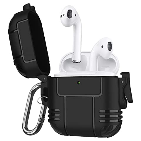 Zenrich Airpods Case Cover for AirPods 2nd & 1st Generation, Full-Body Hard Shell Protective Case with Secure Lock Clip & Keychain for AirPod 2nd & 1st Gen, Front LED Visible, Black Cover