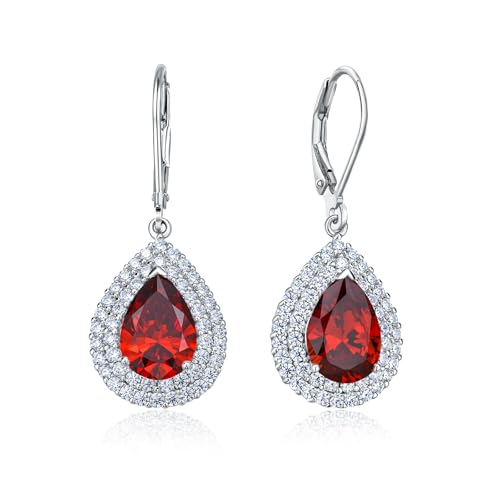 DAYBYDAY Birthstone Dangle Earrings for Women, Hypoallergenic 925 Sterling Silver Created Gemstone CZ Pear Shaped Leverback Drop Earrings, Large Crystal Teardrop Dangling Earrings Wedding Jewelry