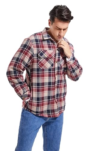 Image of Men's Sherpa Cotton Flannel Shirt Jacket Plaid Button Coat Pocket