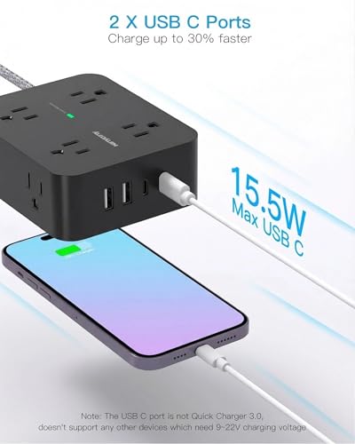 Image of Surge Protector Power Strip 15 Ft Long Cord, HANYCONY Extension Cord 15 Feet with 8 Outlets 4 USB Ports(2 USB C), Flat Plug, Desk Charging Station for Home Office College Dorm Room Essentials