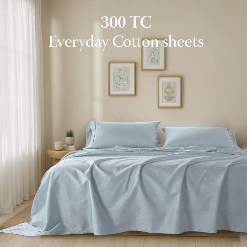 Image of Threadmill 300 Thread Count Cotton Queen Sheet Set, Sateen, Jacquard, Blue | 100% Cotton, Sateen Weave, Jacquard Pattern, 4-Piece Set, 16 inch Deep Pocket, Cooling, Fade-Resistant, Pill-Resistant