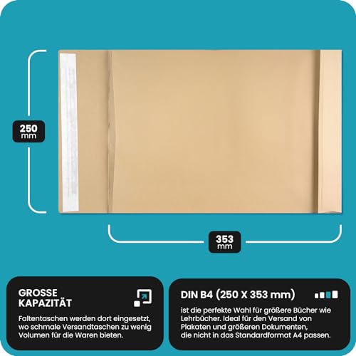 Netuno 20 x braune Faltentaschen DIN B4 250× 353 mm 130g Kapazität-Versandtaschen haftklebend ohne Fenster Falten-Umschläge Briefumschläge B4 mit Bodenfalte Brief-Kuverts mit Falten Umschlagtaschen