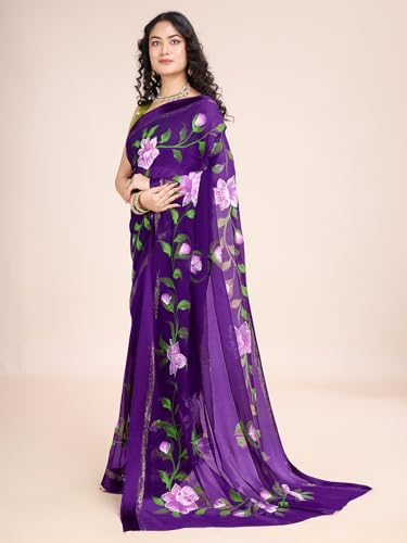 Image of Women Hand Painted Saree |Women's Georgette Printed Saree With Unstitched Blouse Piece