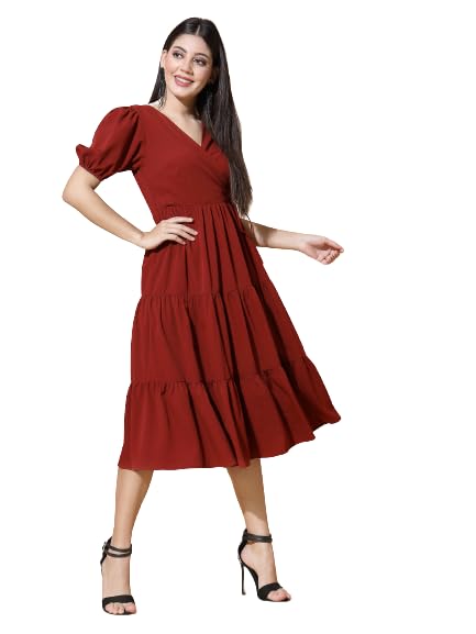 Strong And Brave V-Neck Puff Sleeve Tiered Wrap Midi Dress Size-XL Rust