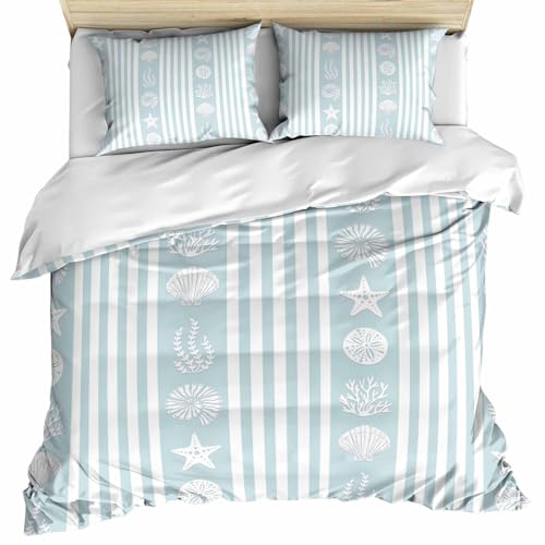 Debedcor Aqua Blue Strip Coastal Duvet Cover Twin Size, Summer
