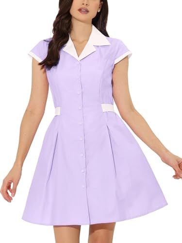 Image of Allegra K Women's Vintage Button Down Shirt Dress Notch Lapel Short Sleeve Belted Office Mini Short Dresses