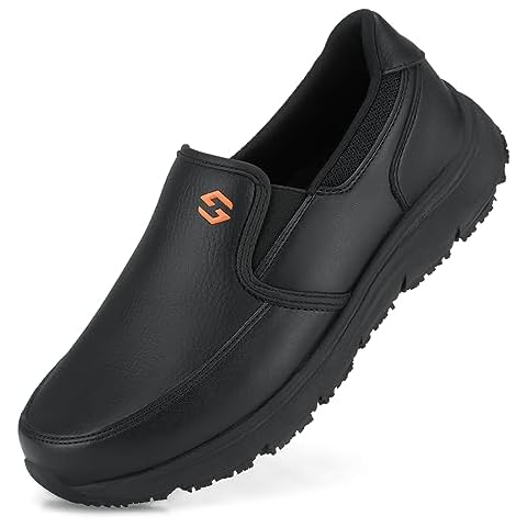 HISEA Men's Leather Non Slip Food Service Shoes, Water & Oil Resistant, Comfortable, Breathable, Lightweight Slip Resistant Shoes for Men, for Kitchen, Restaurant, Slip-on Chef Walking Shoes Black Cover