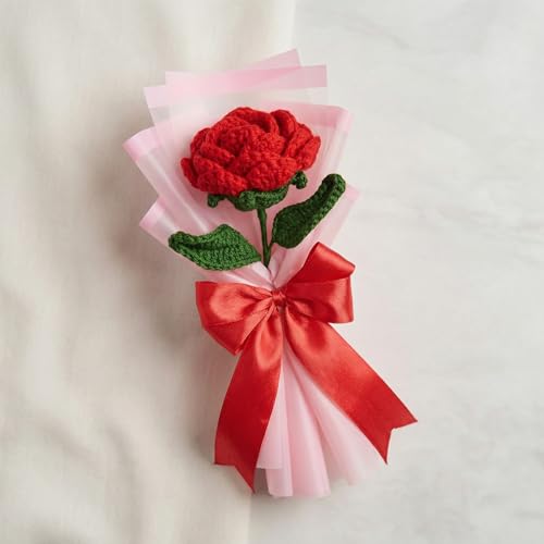 Image of Handmade Crochet Red Rose Bouquet, Artificial Forever Flowers, Acrylic Yarn, 25cm, Gift for Anniversary Birthday Valentine's Day