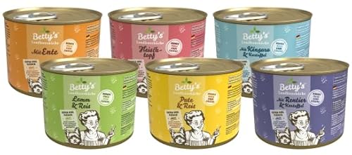Bettys Landhausküche Dog 6 x 200g Mixpaket | Garantierter 6-Sorten-Mix | Hochwertiges Nassfutter für ausgewachsene Hunde | Mit wichtigen Mineralstoffen & natürlichem Kalzium