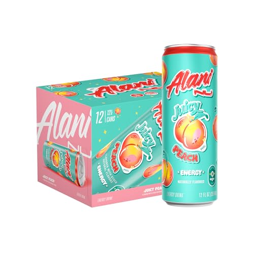 Alani Nu JUICY PEACH, Sugar Free, Low Calorie Energy Drinks, 200mg Caffeine, Biotin, B Vitamins, Zero Sugar, 10 Calories, 12 Fl Oz Cans, 12 Pack