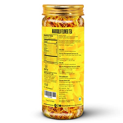 Image of BLUE TEA - Marigold Tea - 25 gm - 25 cups | Natural Sun Dried Marigold Flower | RELIEVES PAIN | Caffeine Free - Flower Based - Herbal Tea - Non Bitter | Pet Jar
