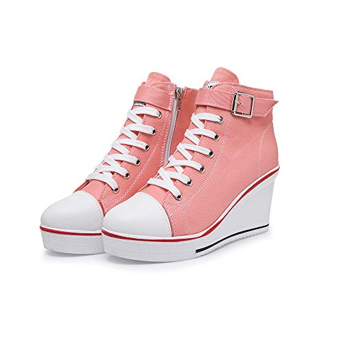 Baskets Compensées Tendance 35-43 EU Femme Baskets Compensées Chaussure de Sport Marche Fitness Sneakers Basses Compensées 8 cm, 11 Rose, 40 EU
