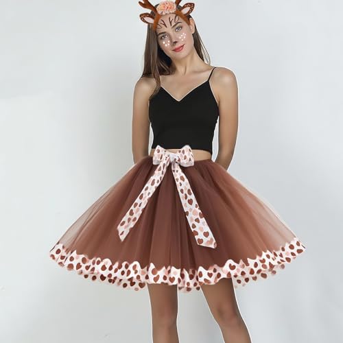 Reh Kostüm Damen, Rentier Kostüm, Hirsch Blumenstirnband und Tüllrock Braun, Karneval Cosplay Kostüms mit Gesichtsaufkleber, Elch Cosplay für Halloween, Karneval, Mottoparty