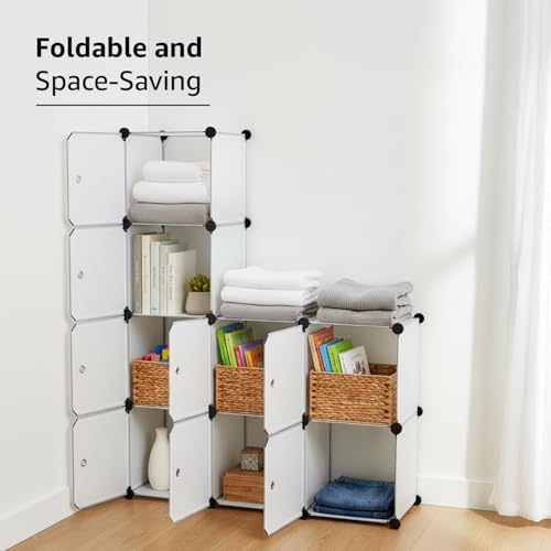 Image of amazon basics Cube Storage Organizer | 8-Cube | 95.5 x 32 x 126 cm | Semitransparent White | PP + Iron | Stackable, Dustproof & Easy Assembly
